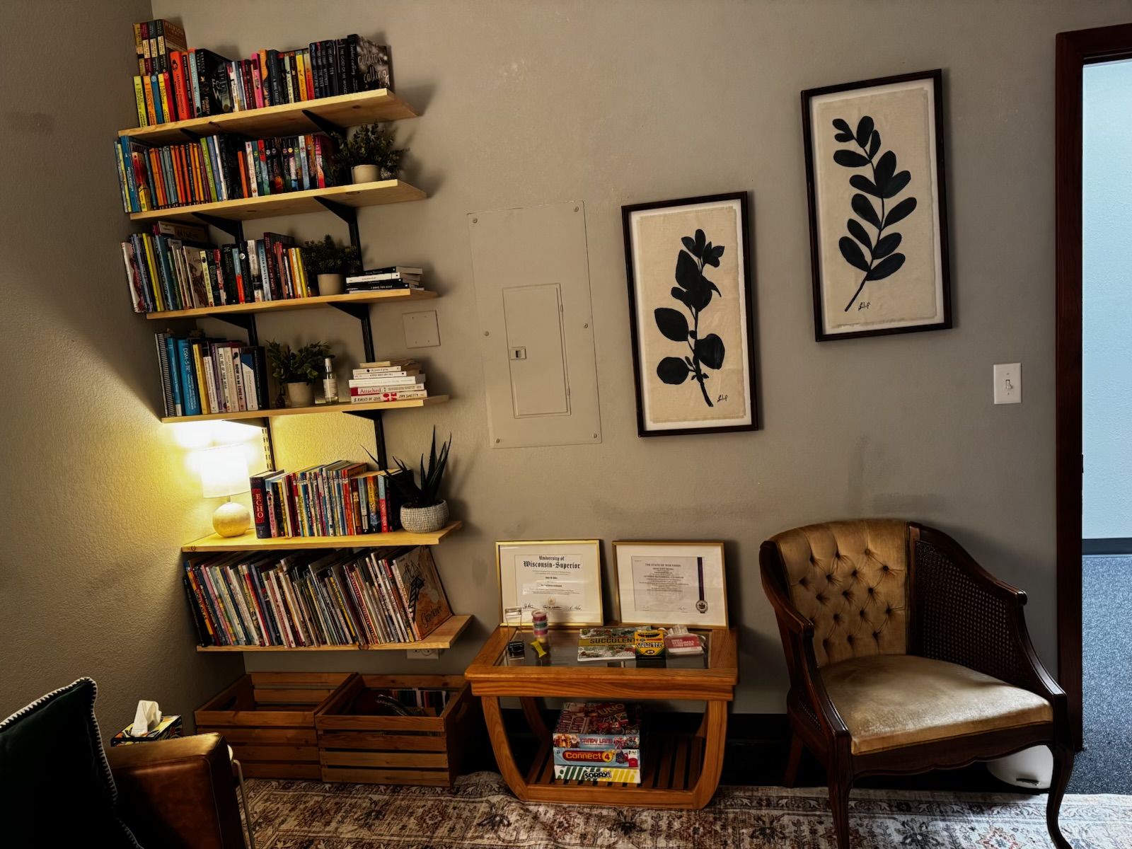 The bookshelf wall, with shelves of books, framed diplomas, and the vintage chair.